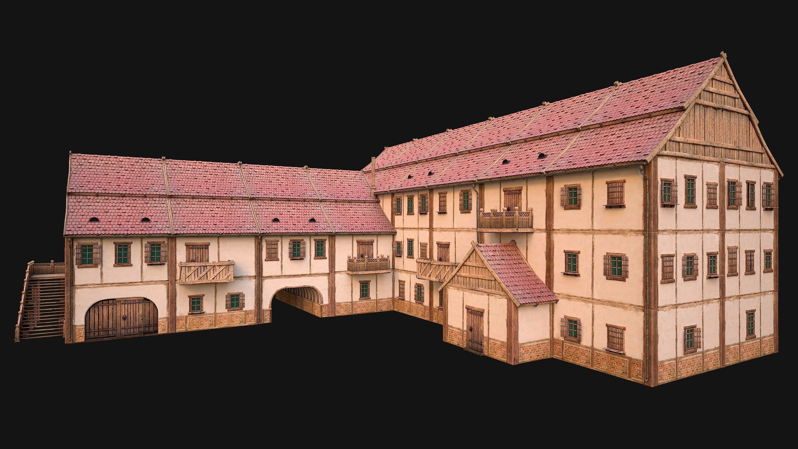 Medieval Large Town House 3 Floors Low-poly 3D model_6