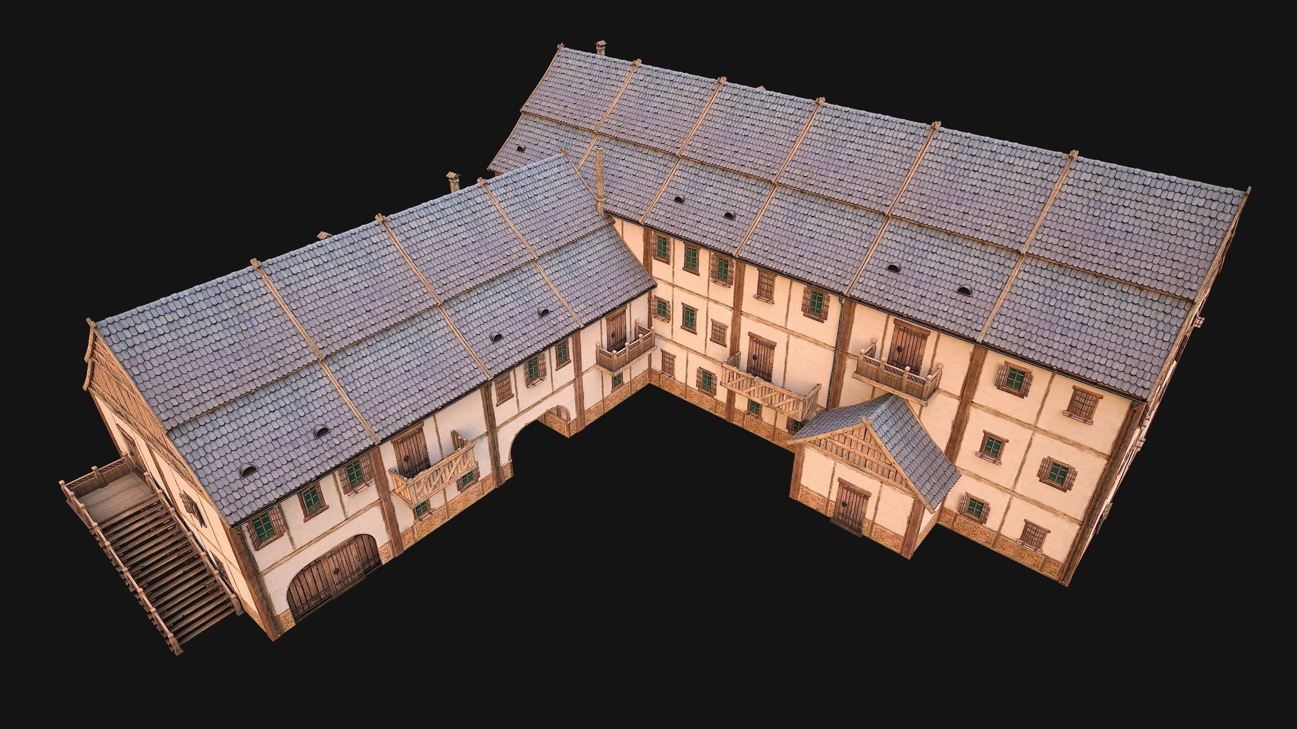Medieval Large Town House 3 Floors Low-poly 3D model_5