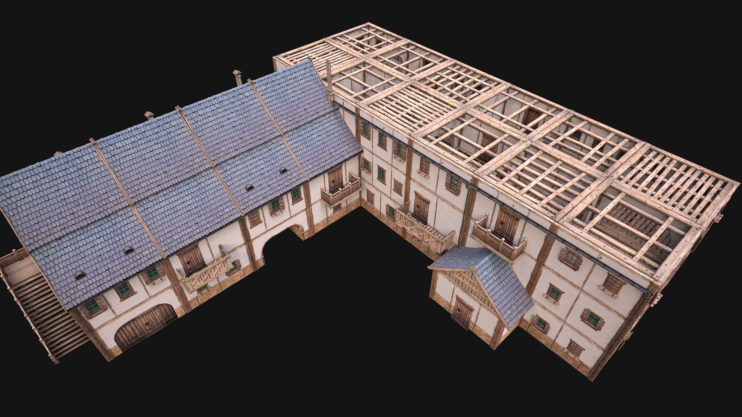 Medieval Large Town House 3 Floors Low-poly 3D model_15