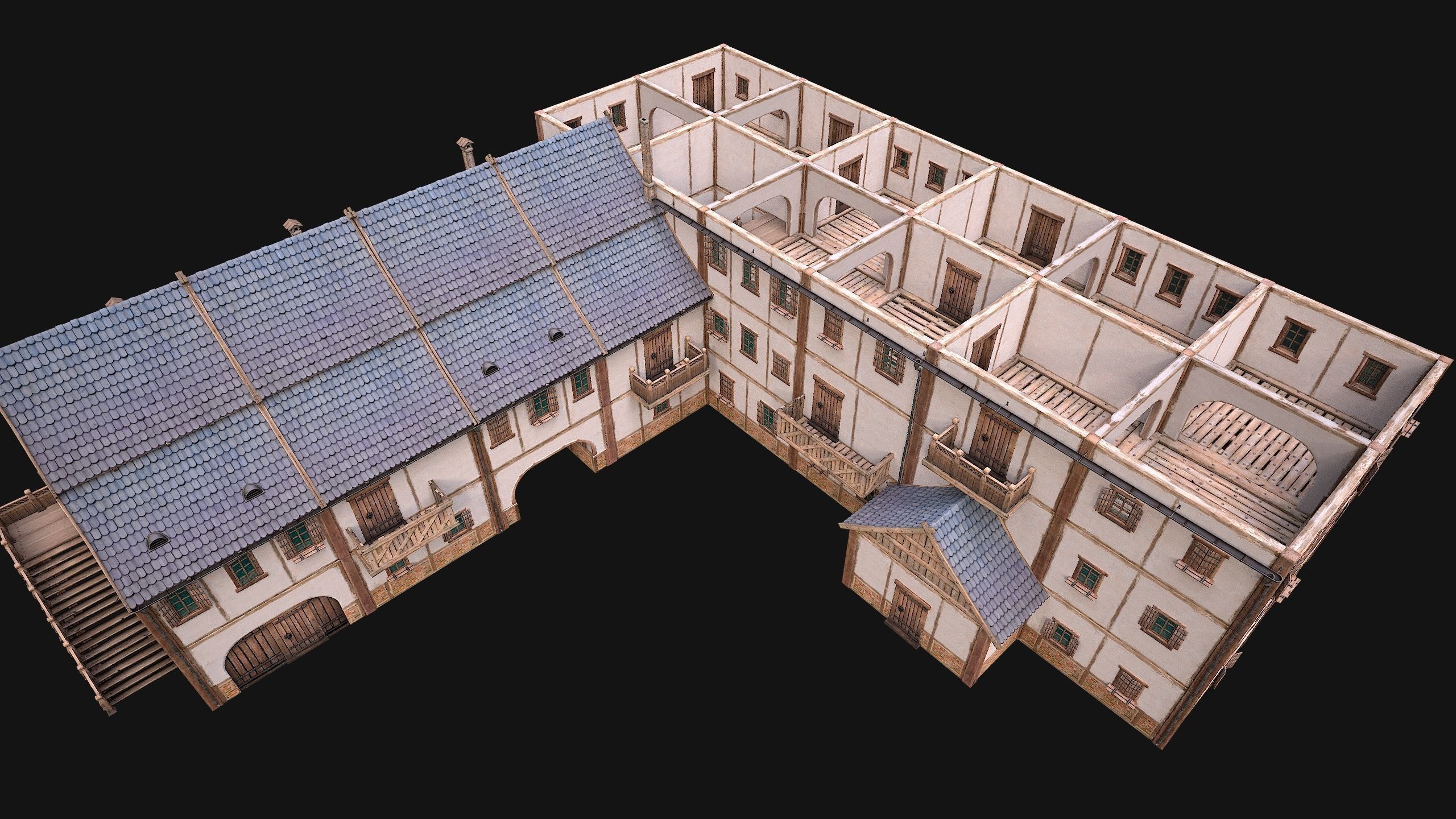 Medieval Large Town House 3 Floors Low-poly 3D model_16