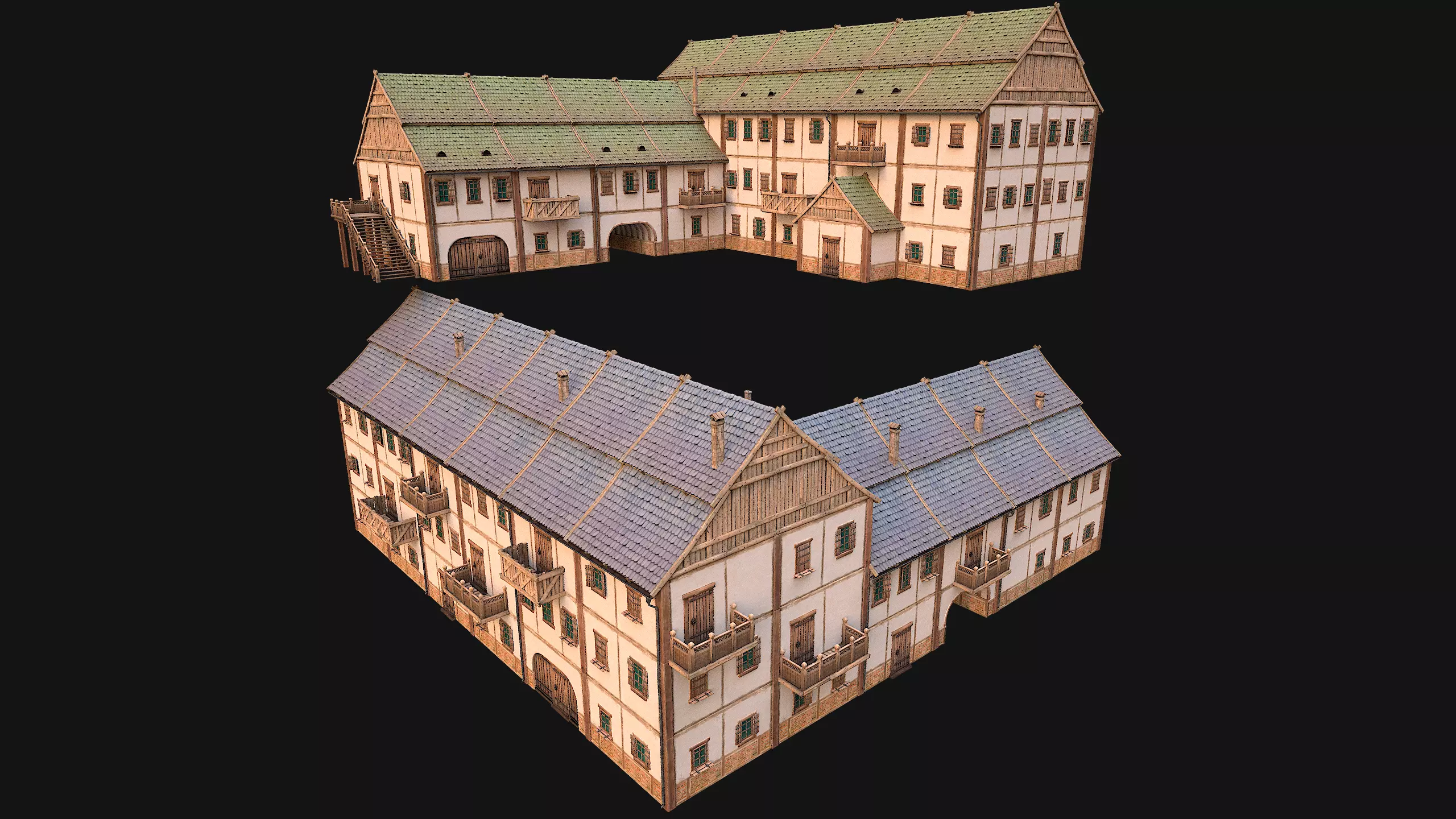 Medieval Large Town House 3 Floors Low-poly 3D model_0