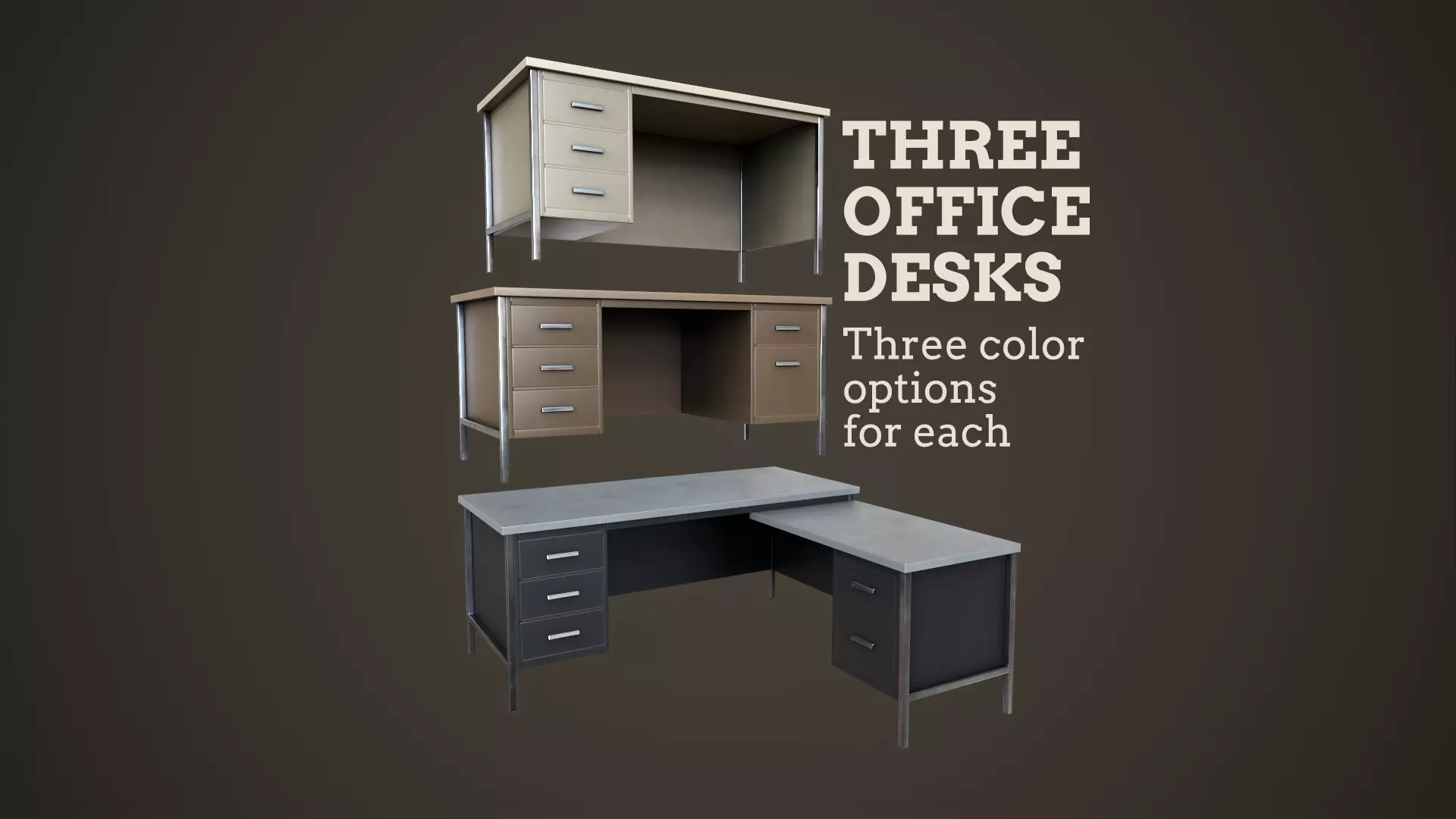 Three office desks Low-poly 3D model_0