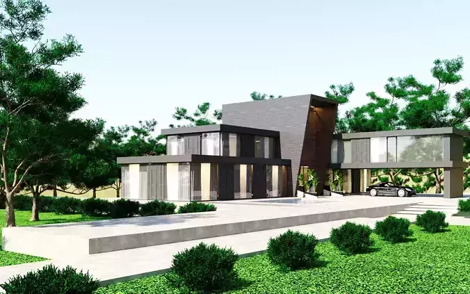 Modern Villa Cloudy and Sunny Full Scene 3D Model