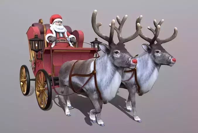 Lowpoly Santa Carriage Red-Nose Reindeers I Rigged and Animated