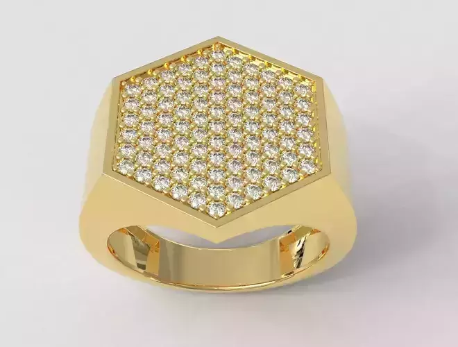 Hexagonal Diamond Pave Signet Ring