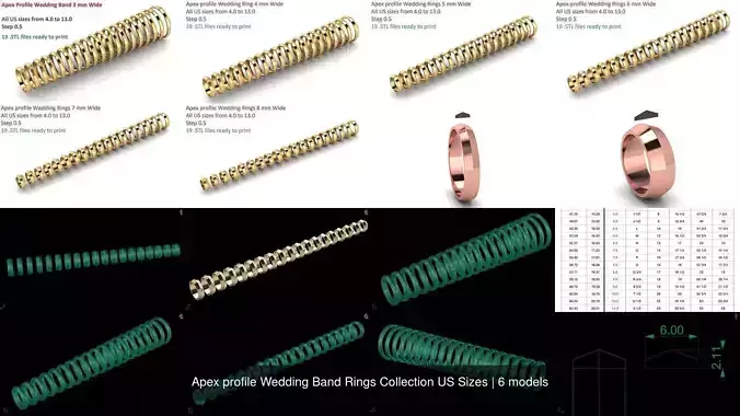 Apex profile Wedding Band Rings Collection US Sizes