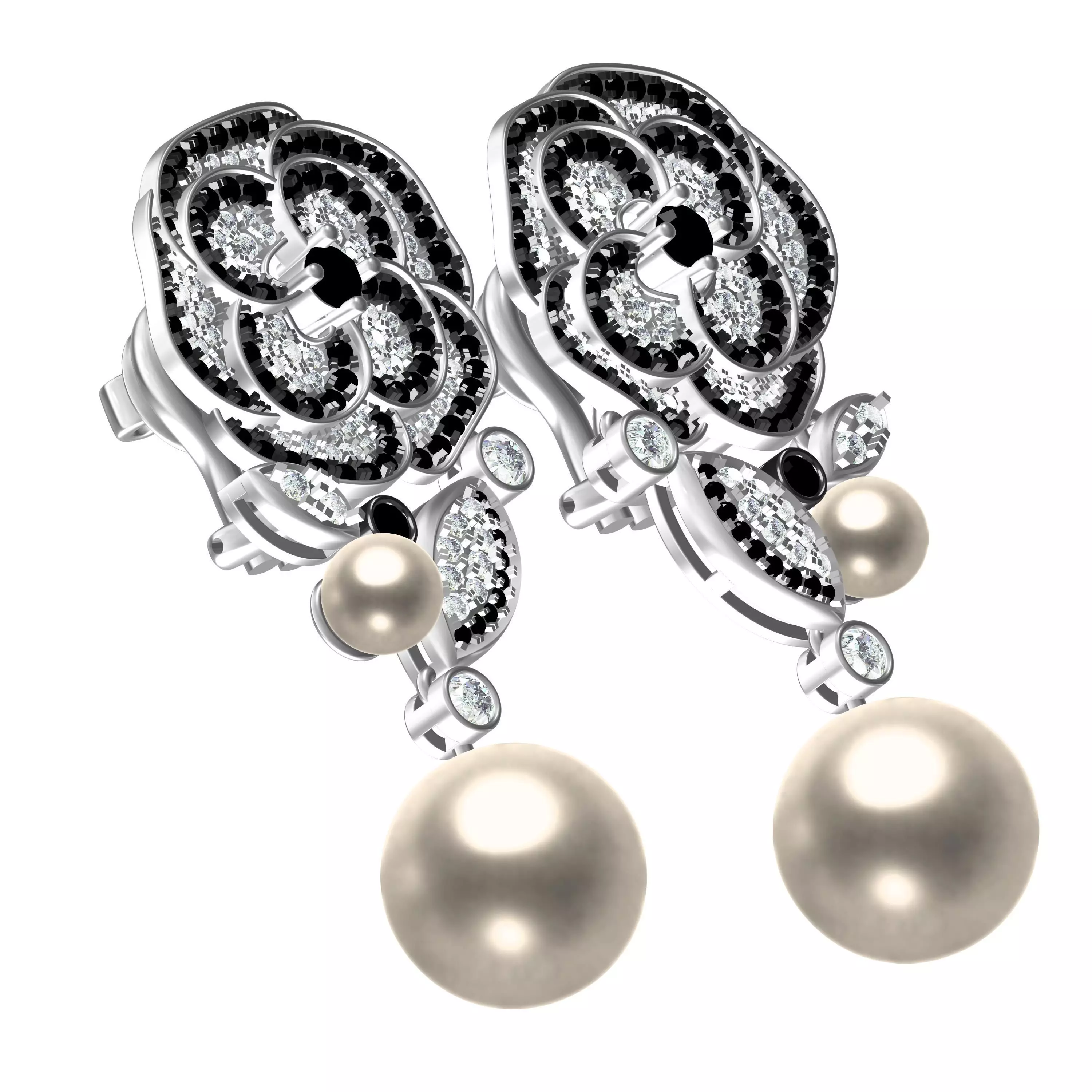 Black and White Diamond Flower Pearl Drop Earring 3D print model