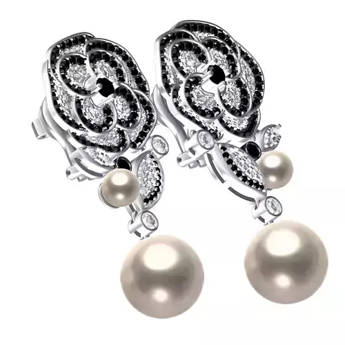 Black and White Diamond Flower Pearl Drop Earring 3D print model