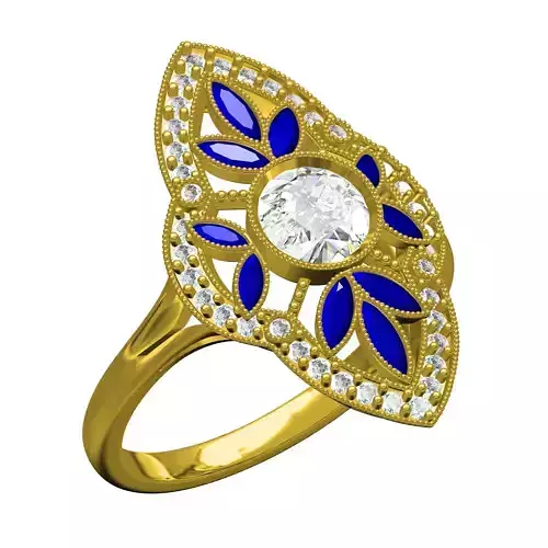 Blue Sapphire Marquise and Round Diamond Art Deco Ring