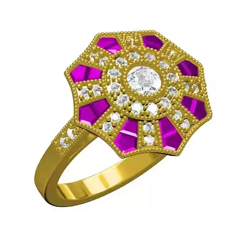 Ruby Stone Round Diamond Art Deco Ring