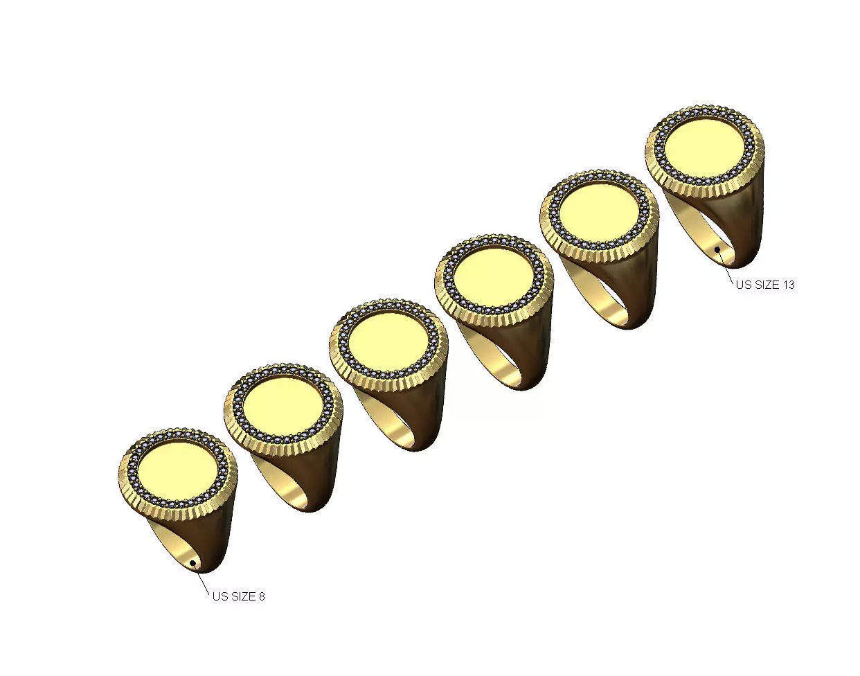 Fluted blank round diamond signet ring US sizes 8to13 3D print model