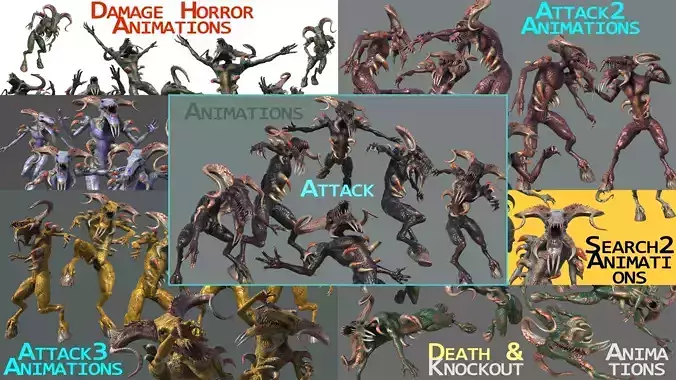 Mega Pack Horror Animations   7 packs Low-poly 3D model