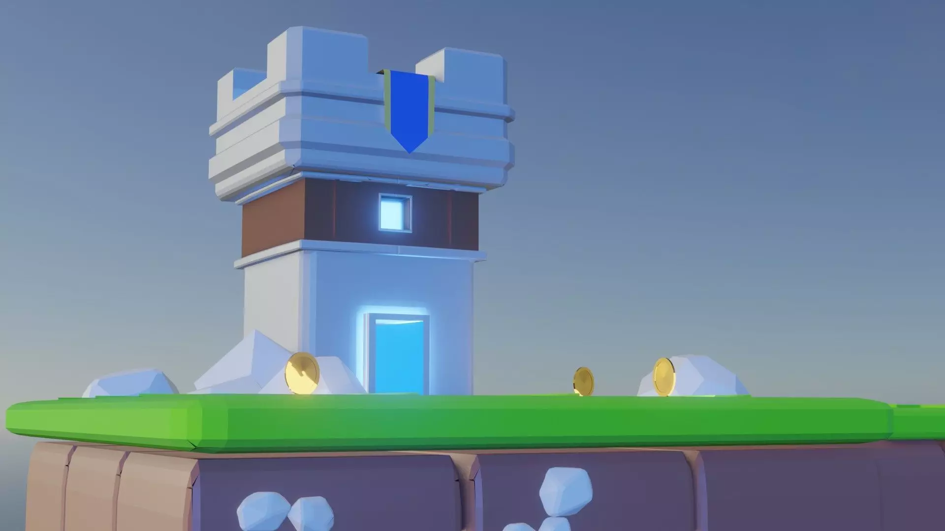 low poly castle with cool blue lighting Low-poly 3D model_0