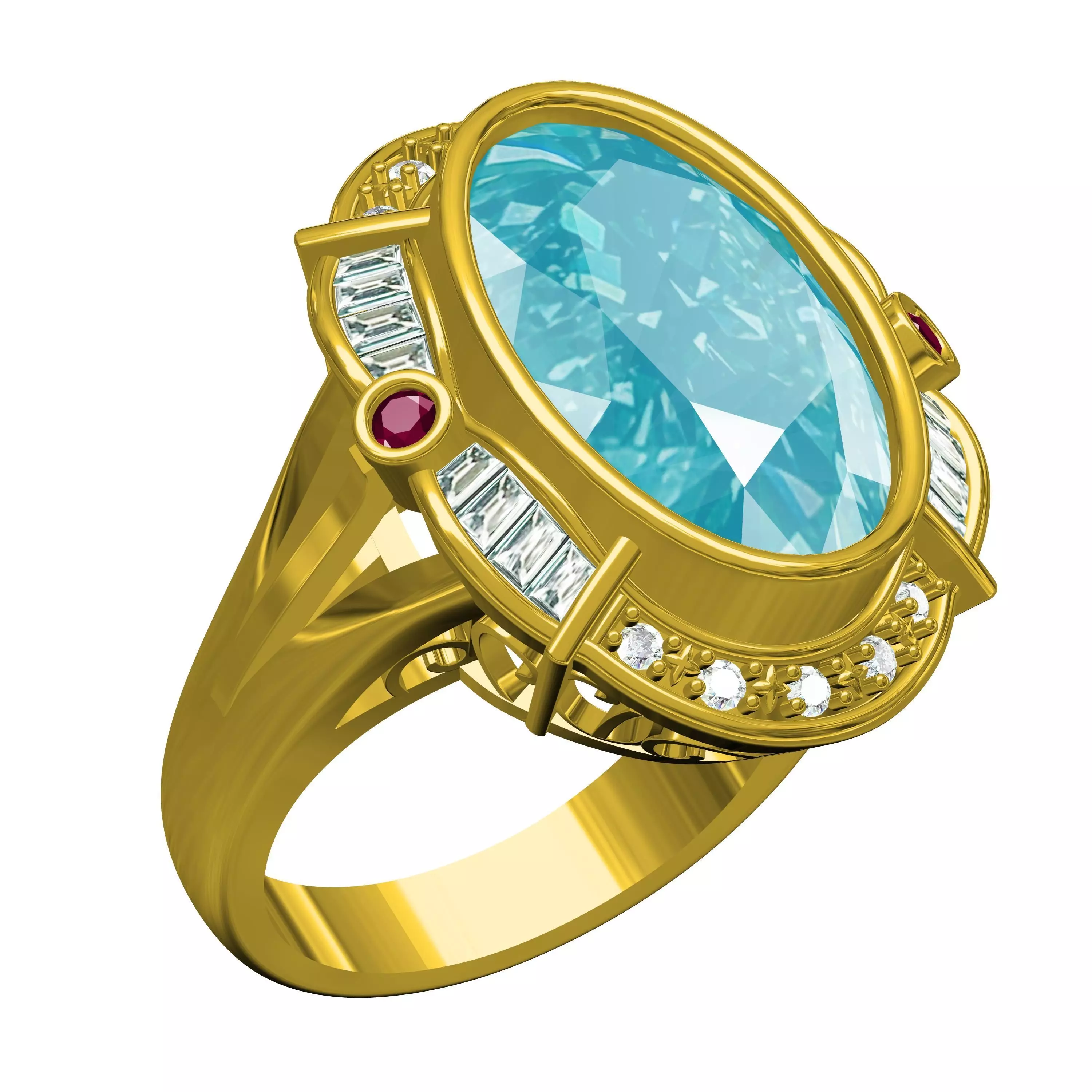 Aquamarine Stone Diamond Halo Art Deco Ring 3D print model