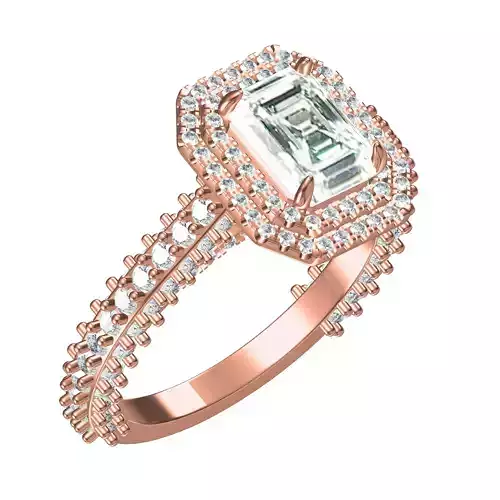 Emerald Cut Stone Double Halo Micro Prong Set Cathedral Ring