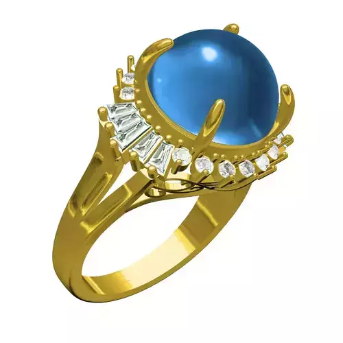 Antique Cabochon Stone Round and Baguette Diamond Cluster Ring