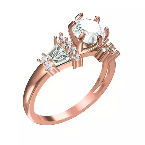 Round and Baguette Diamond Engagement Ring