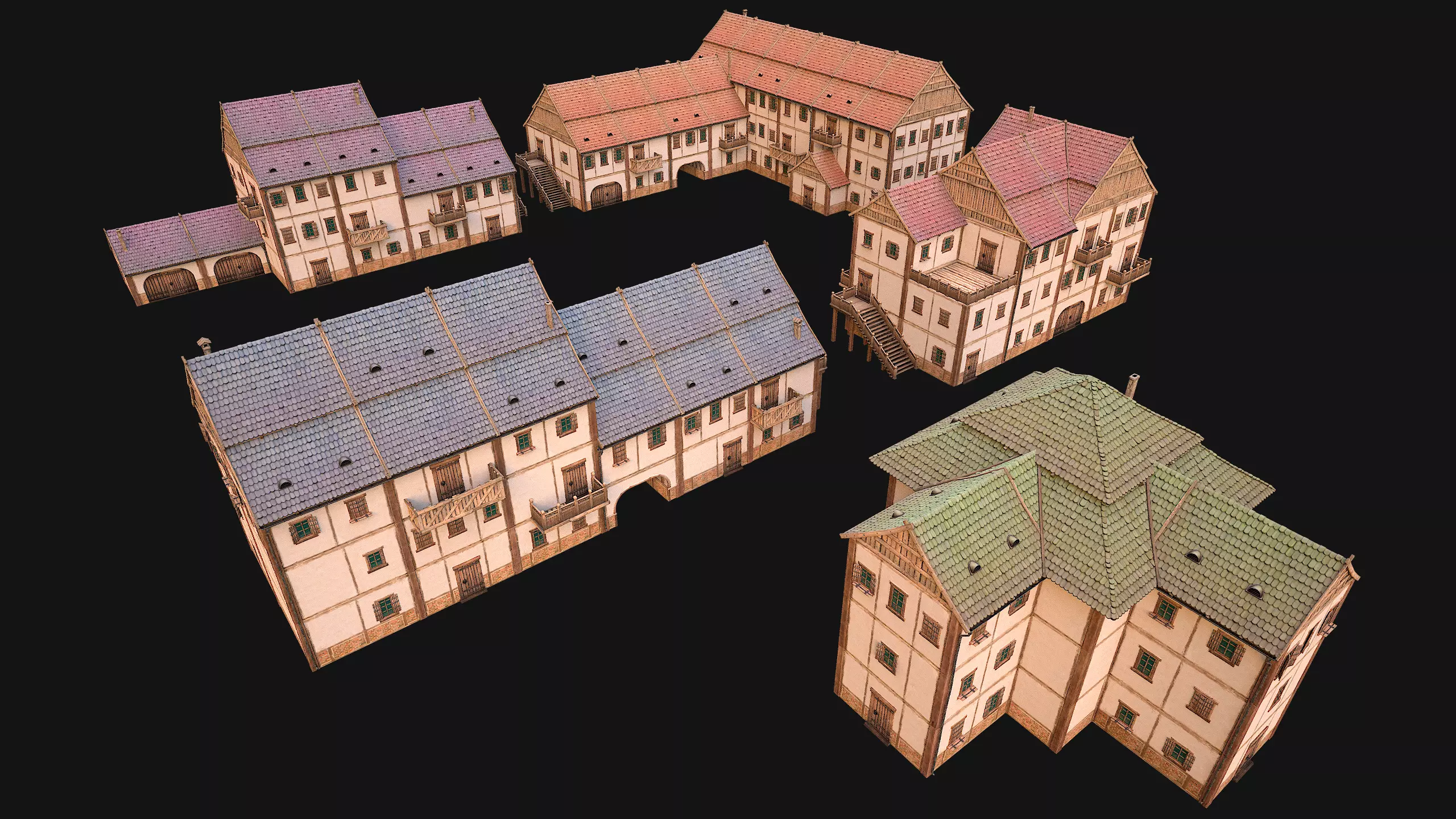 Medieval Town Building Pack 5 Models Low-poly 3D model_0