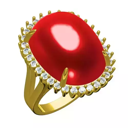 Large Cabochon Stone Round Diamond Halo Split Shank Ring