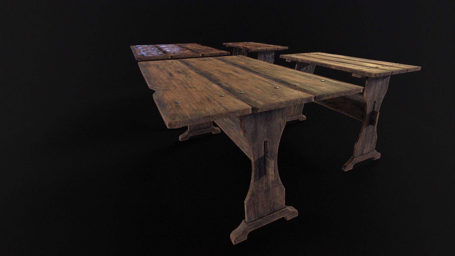 Wooden Plank Workbench Low-poly 3D model_8