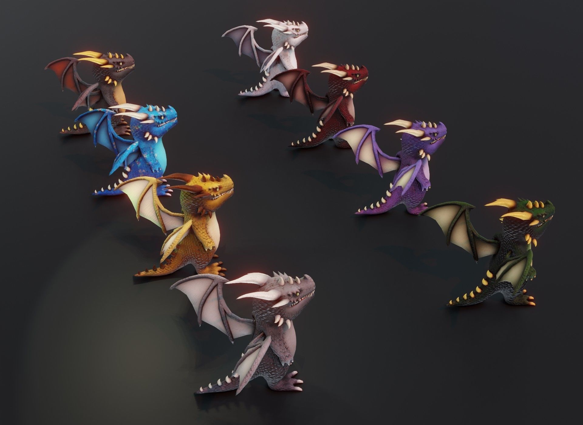 Cartoon Chromatic Dragons Animated 3D Model Low-poly 3D model_29