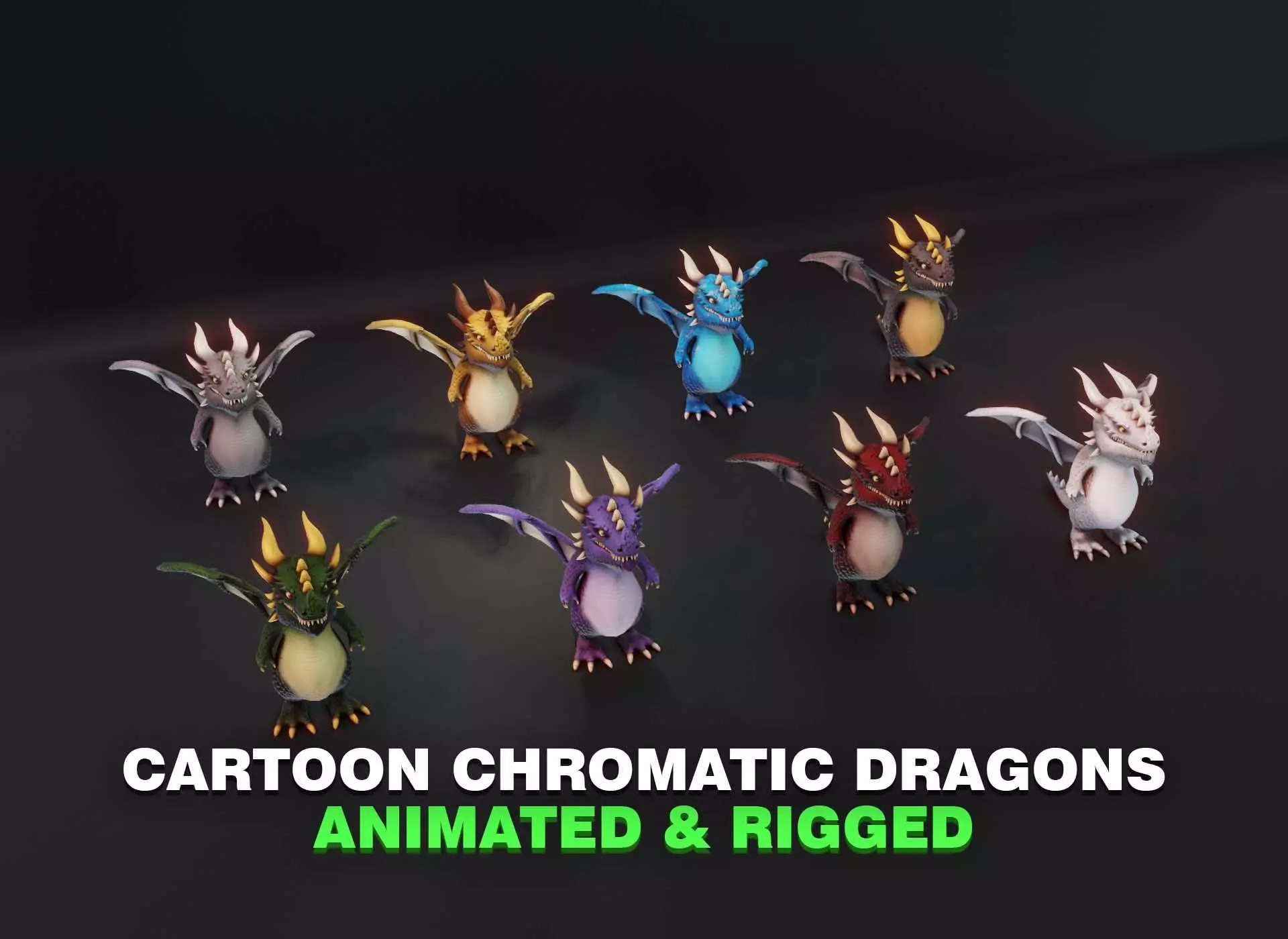 Cartoon Chromatic Dragons Animated 3D Model Low-poly 3D model_0