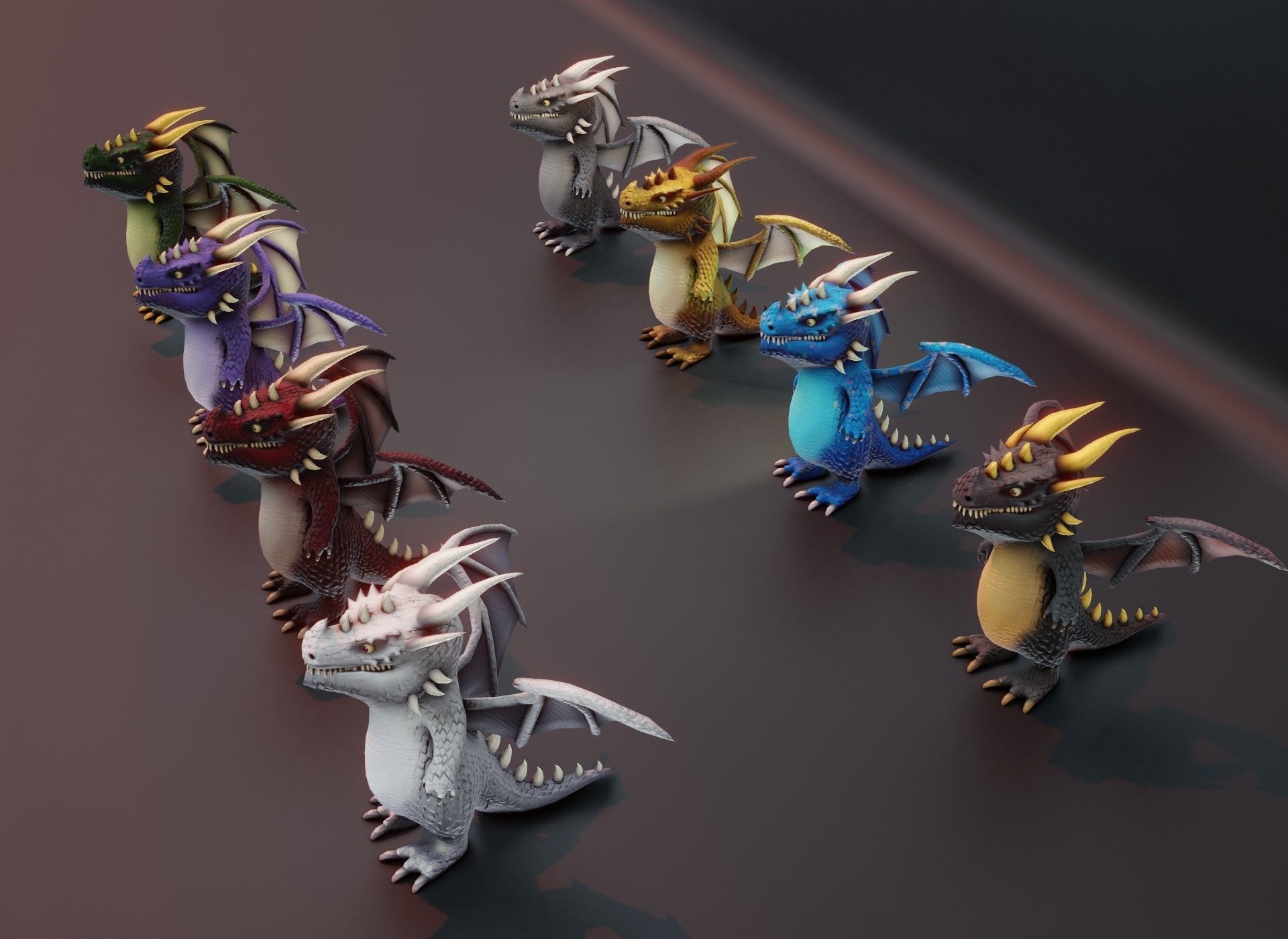 Cartoon Chromatic Dragons Animated 3D Model Low-poly 3D model_28