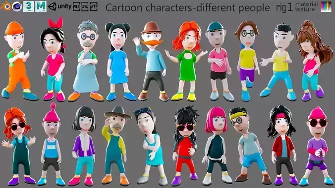 Cartoon characters-different people Low-poly 3D model