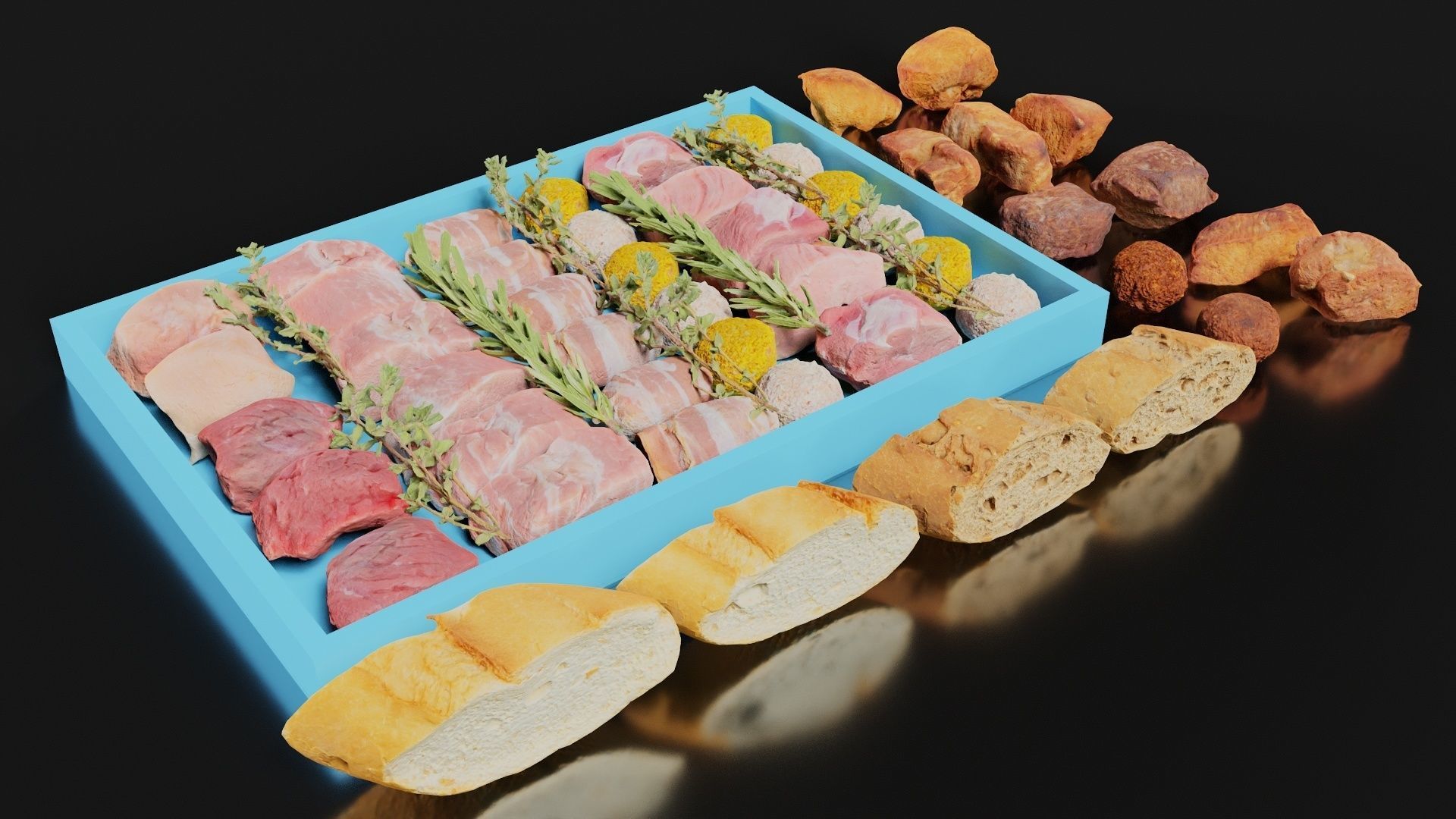 Fondue Assortment 32 Bread Herb Meat items Low-poly 3D model_8