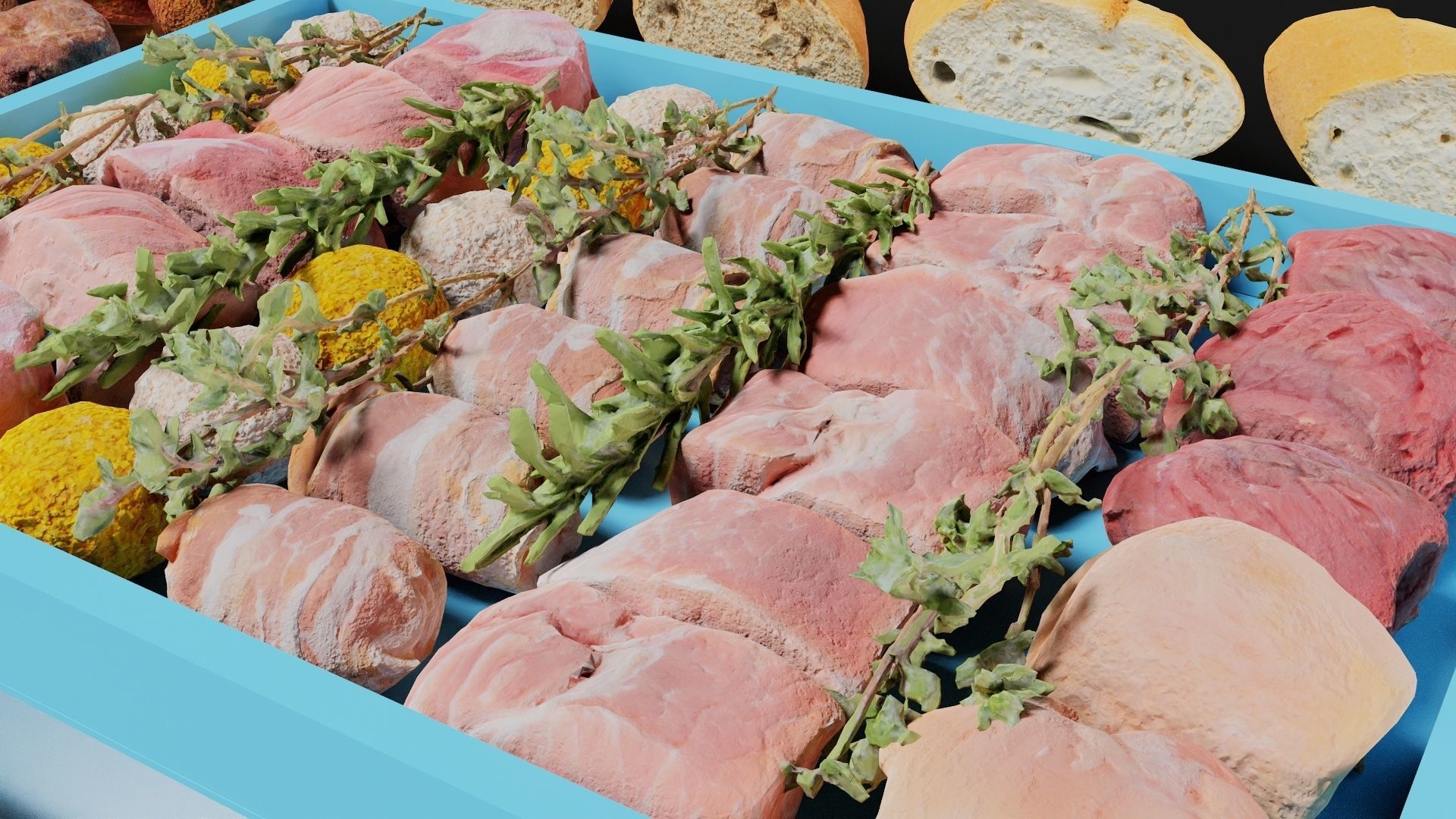 Fondue Assortment 32 Bread Herb Meat items Low-poly 3D model_3