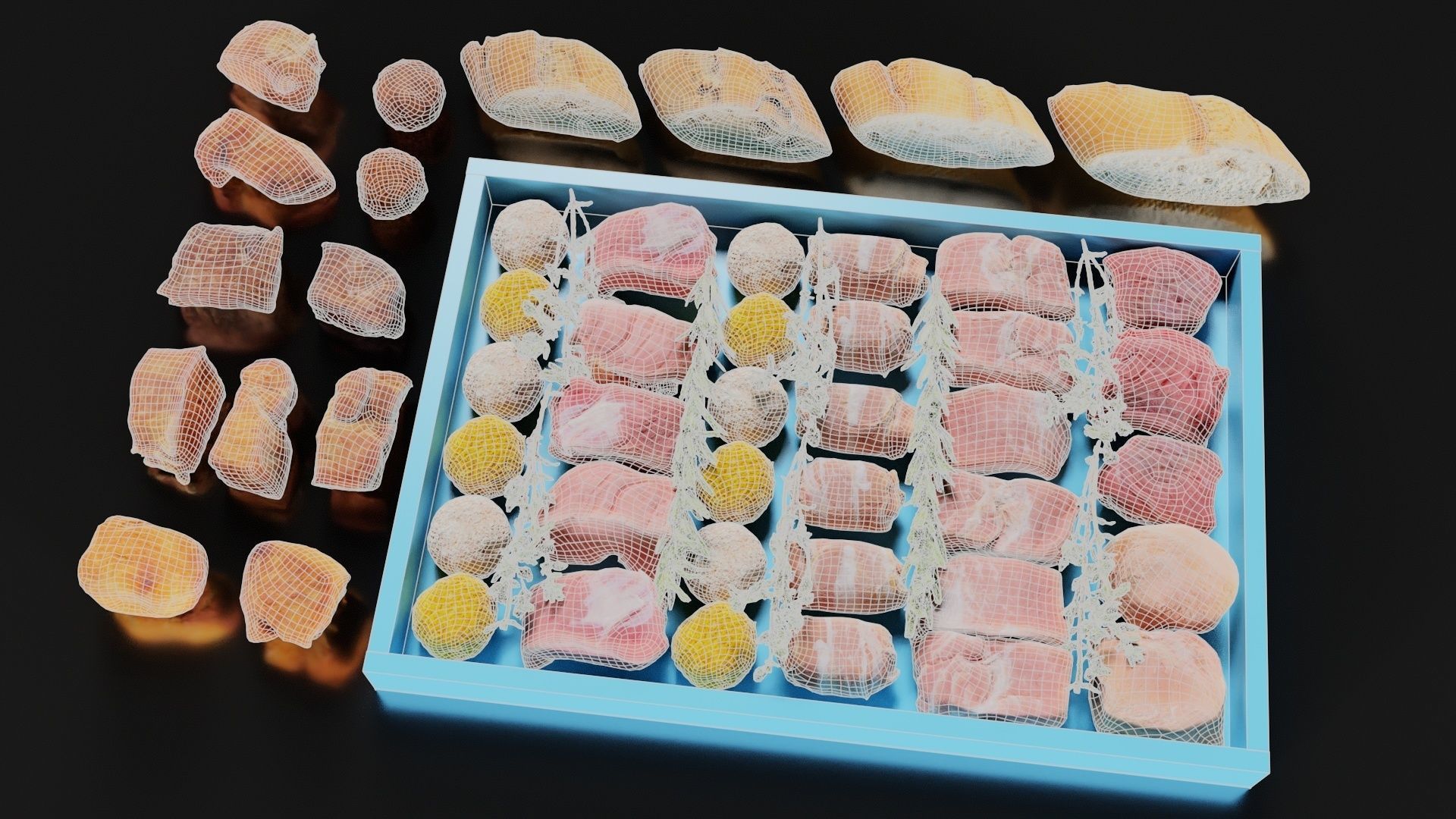Fondue Assortment 32 Bread Herb Meat items Low-poly 3D model_7