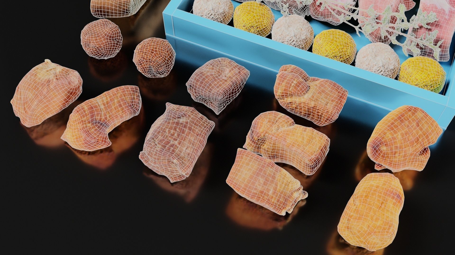 Fondue Assortment 32 Bread Herb Meat items Low-poly 3D model_6