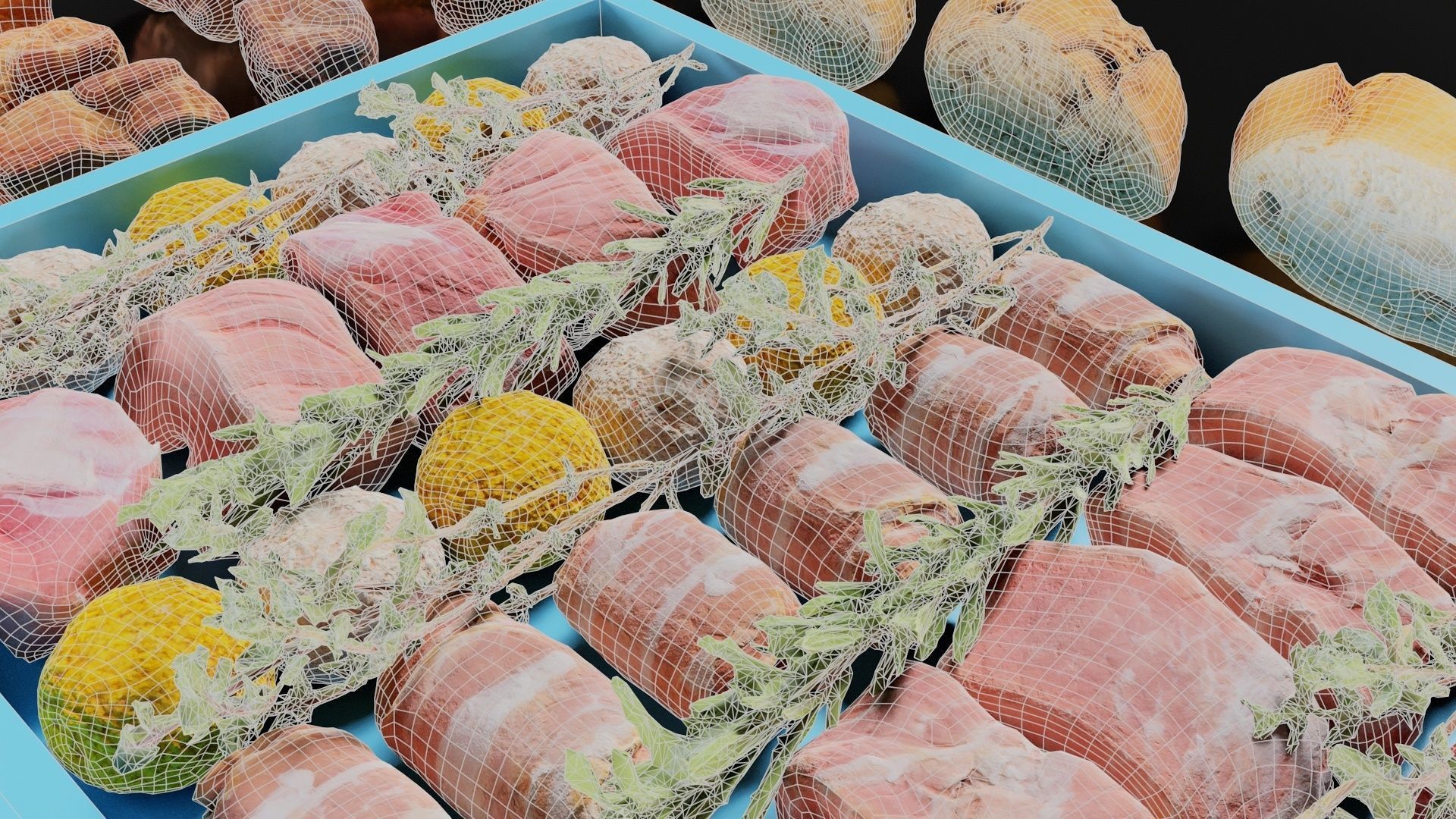 Fondue Assortment 32 Bread Herb Meat items Low-poly 3D model_5