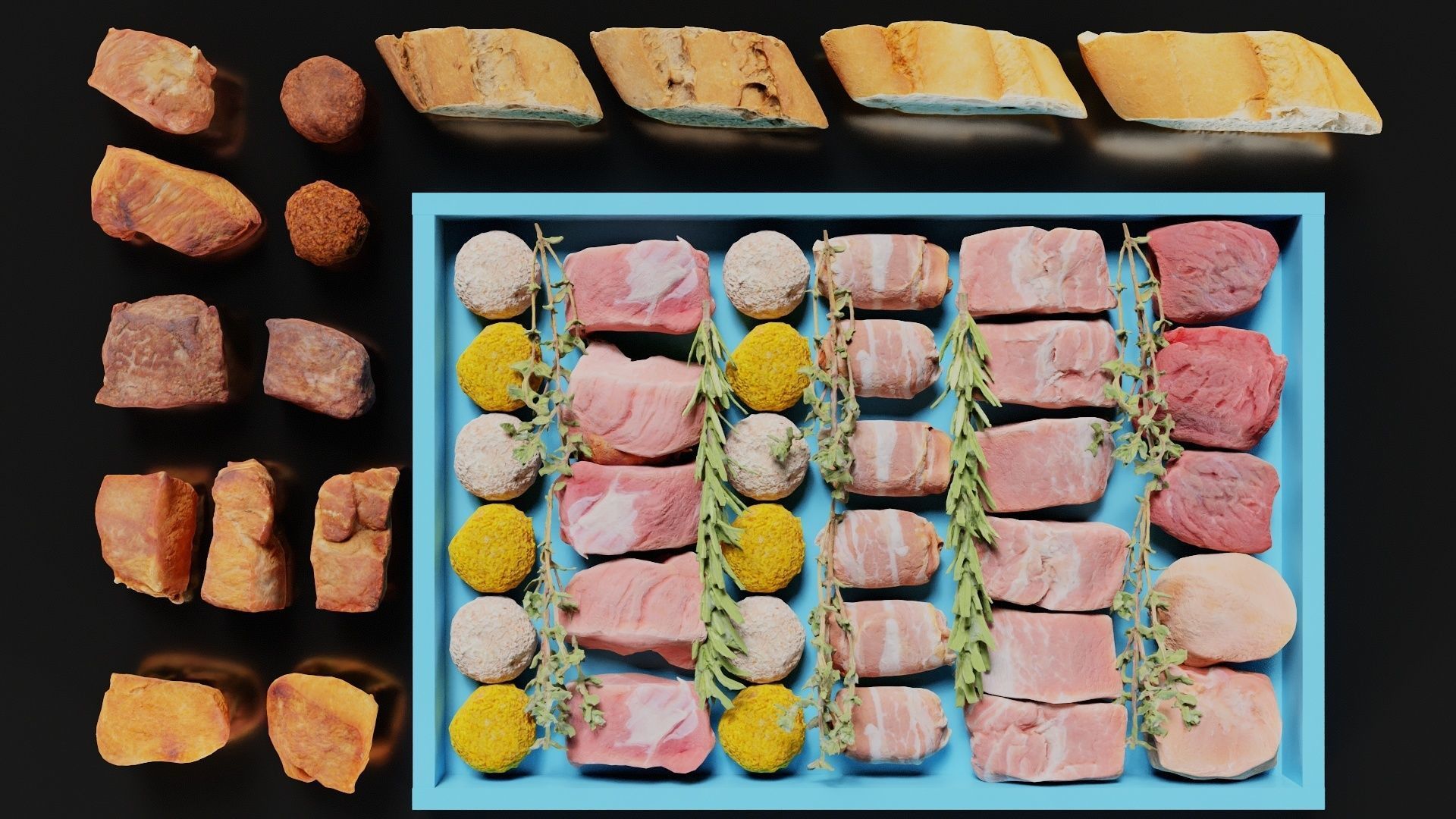 Fondue Assortment 32 Bread Herb Meat items Low-poly 3D model_4