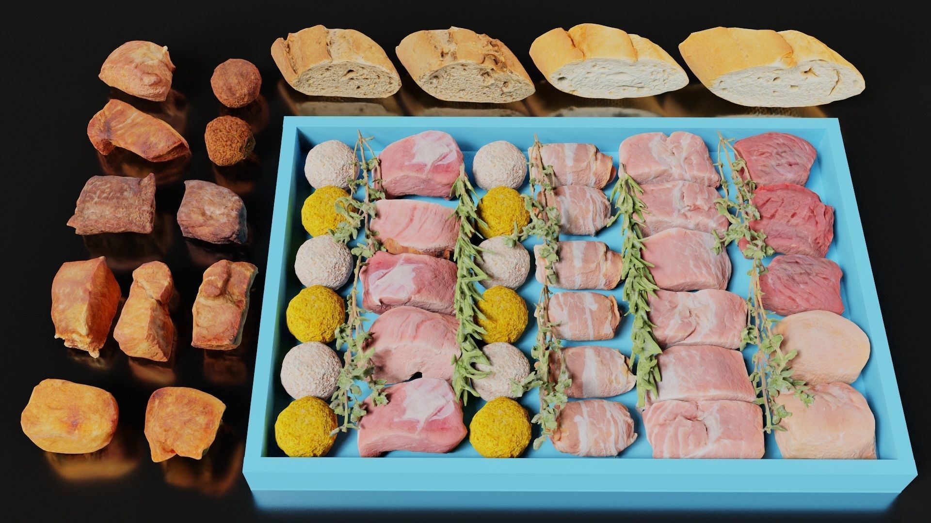 Fondue Assortment 32 Bread Herb Meat items Low-poly 3D model_2