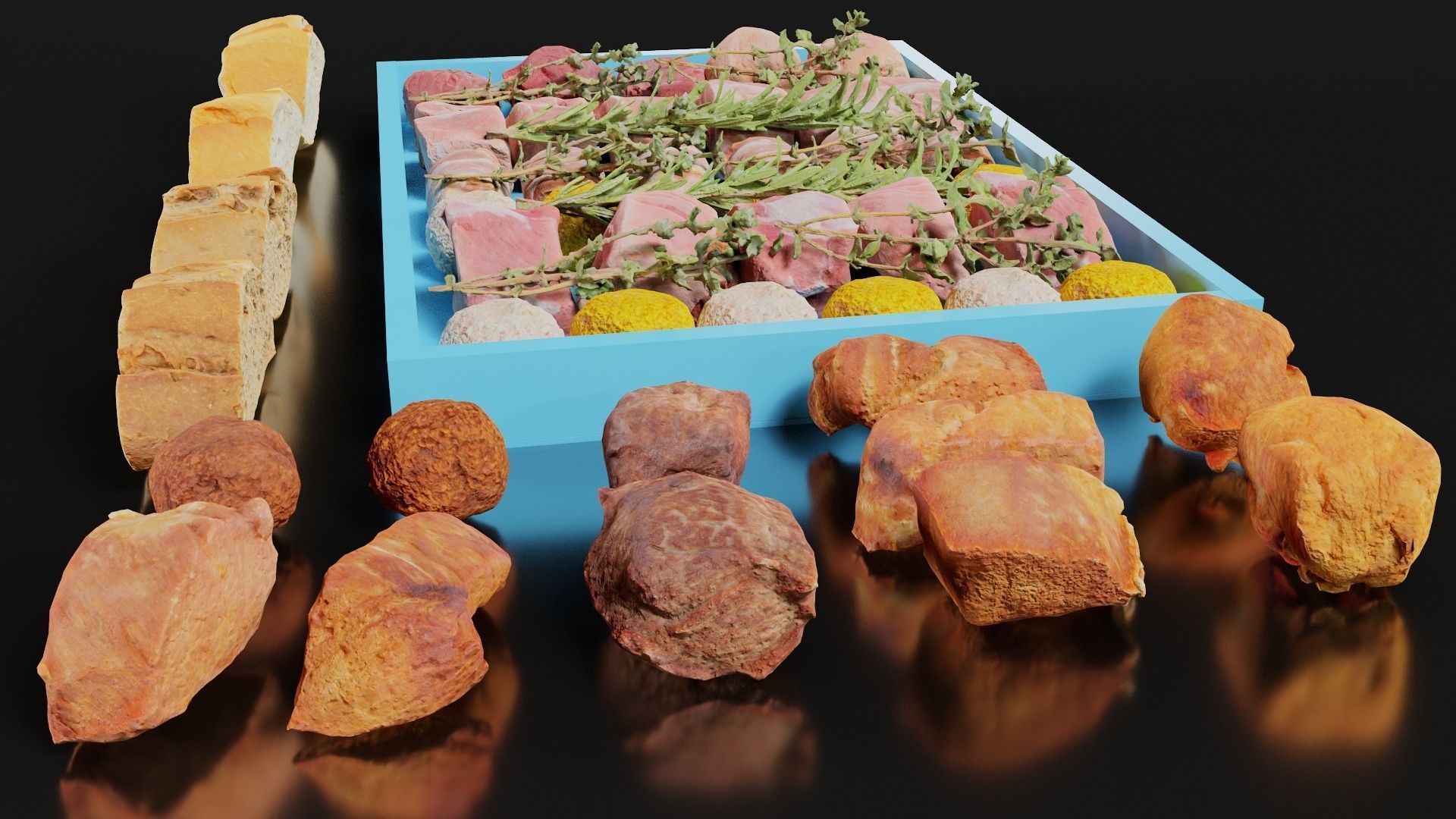 Fondue Assortment 32 Bread Herb Meat items Low-poly 3D model_1