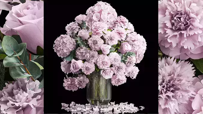 Solemn bouquet of pink flowers vase roses peonies hydrangea 333