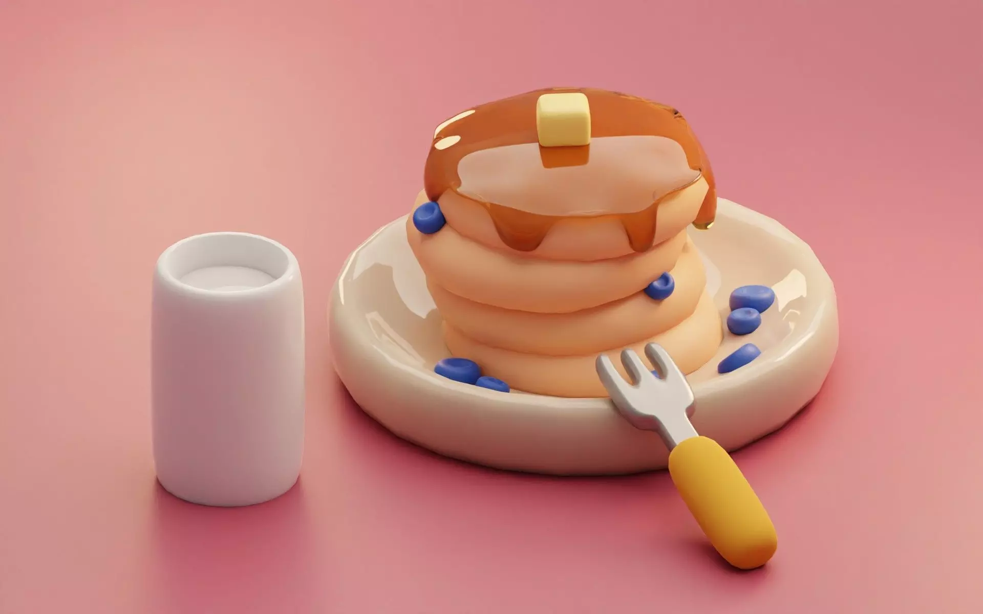 Isometric Stylized Cartoon Pancakes with Honey and Glass of Milk Low-poly 3D model