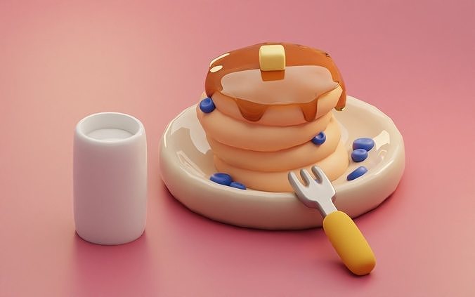 Isometric Stylized Cartoon Pancakes with Honey and Glass of Milk Low-poly 3D model