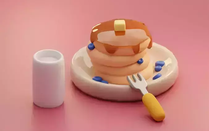 Isometric Stylized Cartoon Pancakes with Honey and Glass of Milk