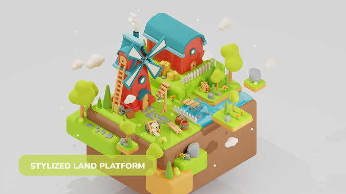 Stylized Land Platform Windmill Environment Game Ready Landscape Low-poly 3D model