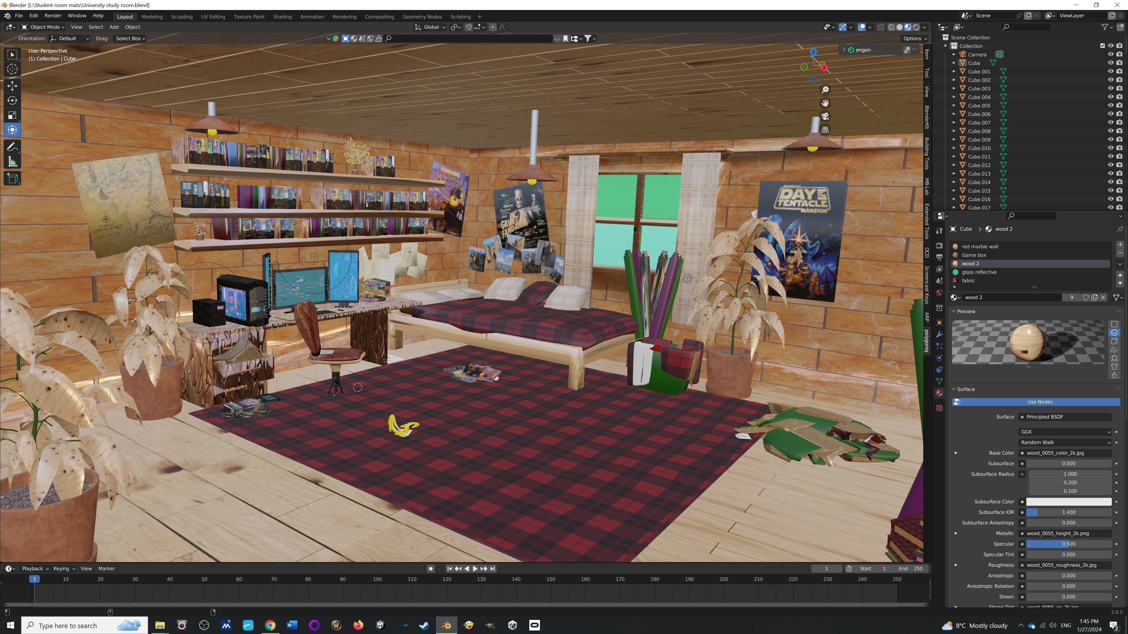 Adventure game student room Low-poly 3D model_4