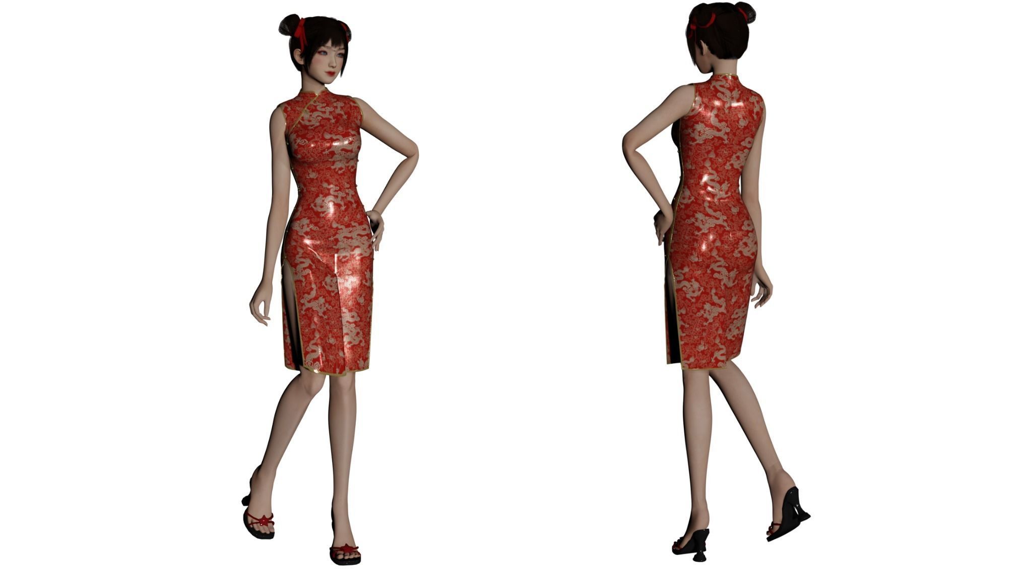 Girl in Qipao Dress - GameReady Low-poly 3D model_4