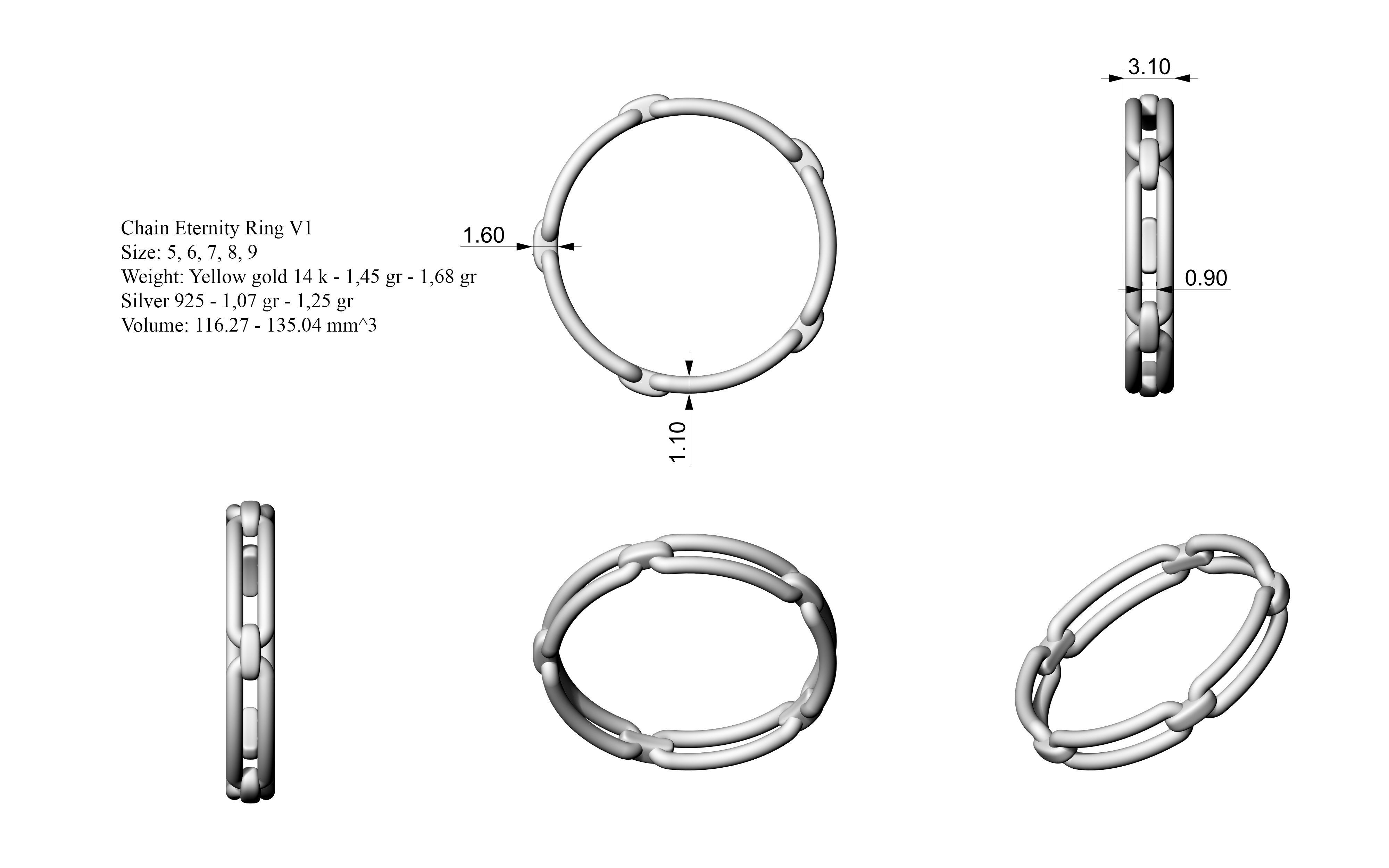 Chain Eternity Ring V1  5 sizes 3D print model_6