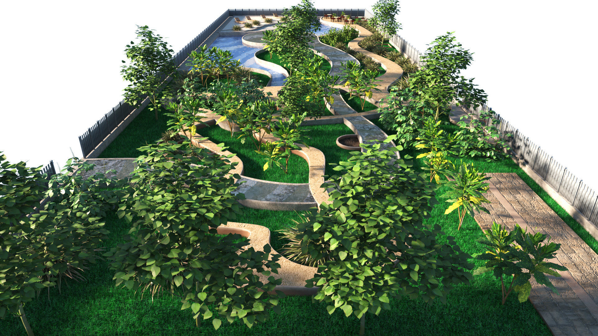 Low poly Rectangular Park Garden 3D Model Low-poly 3D model_3