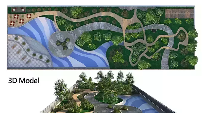 Low poly Rectangular Park Garden 3D Model Low-poly 3D model