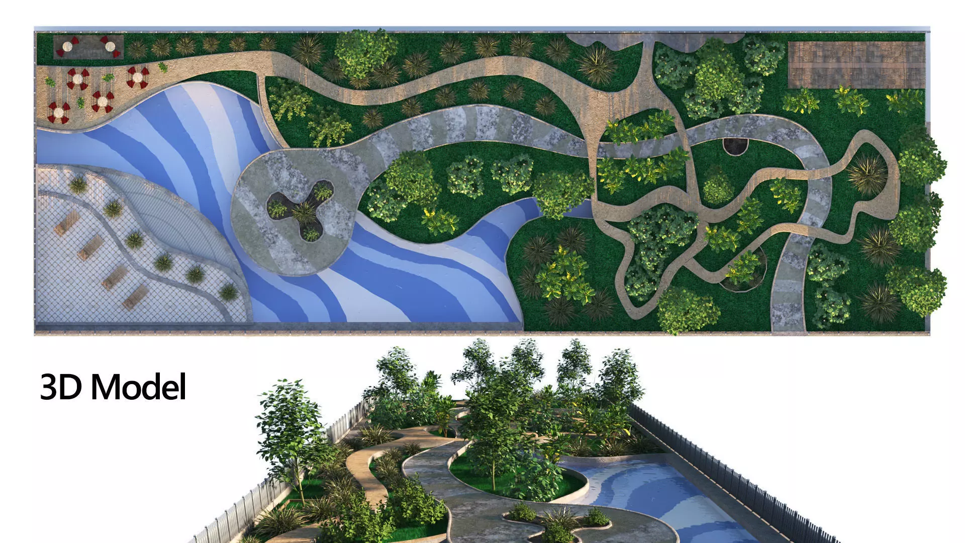 Low poly Rectangular Park Garden 3D Model Low-poly 3D model_0