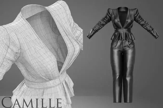 Camille - Women Black Leather Peplum Jacket -  casual pants