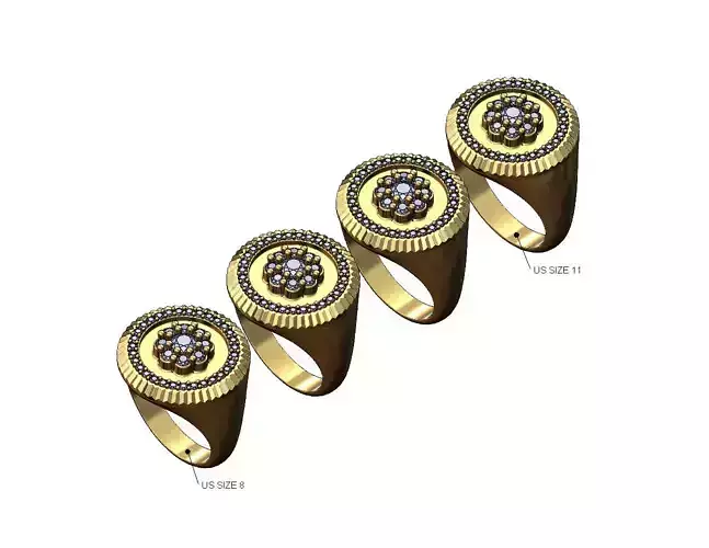 Fluted round cluster diamond signet ring US sizes 8to11
