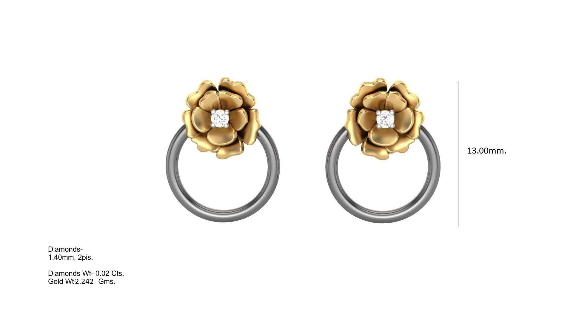 Flower Light weight Diamond Studs Earrings 3dm stl renders 3D print model_1